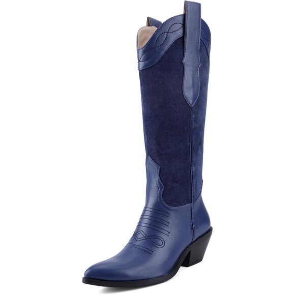 ⚡Women's Blue Comfortable Chunky Heel Embroidered Western Knee High Boots